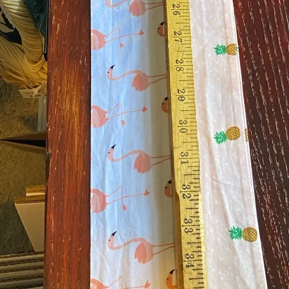 Tropical long thin white scarf with pink flamingos, also peach with pineapples